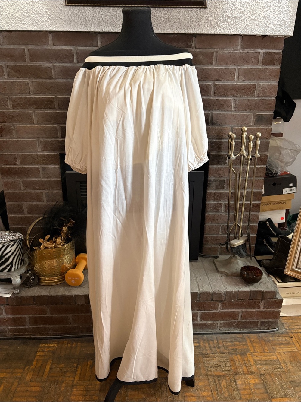Off-Shoulder Cream Maxi Dress with Black Trim